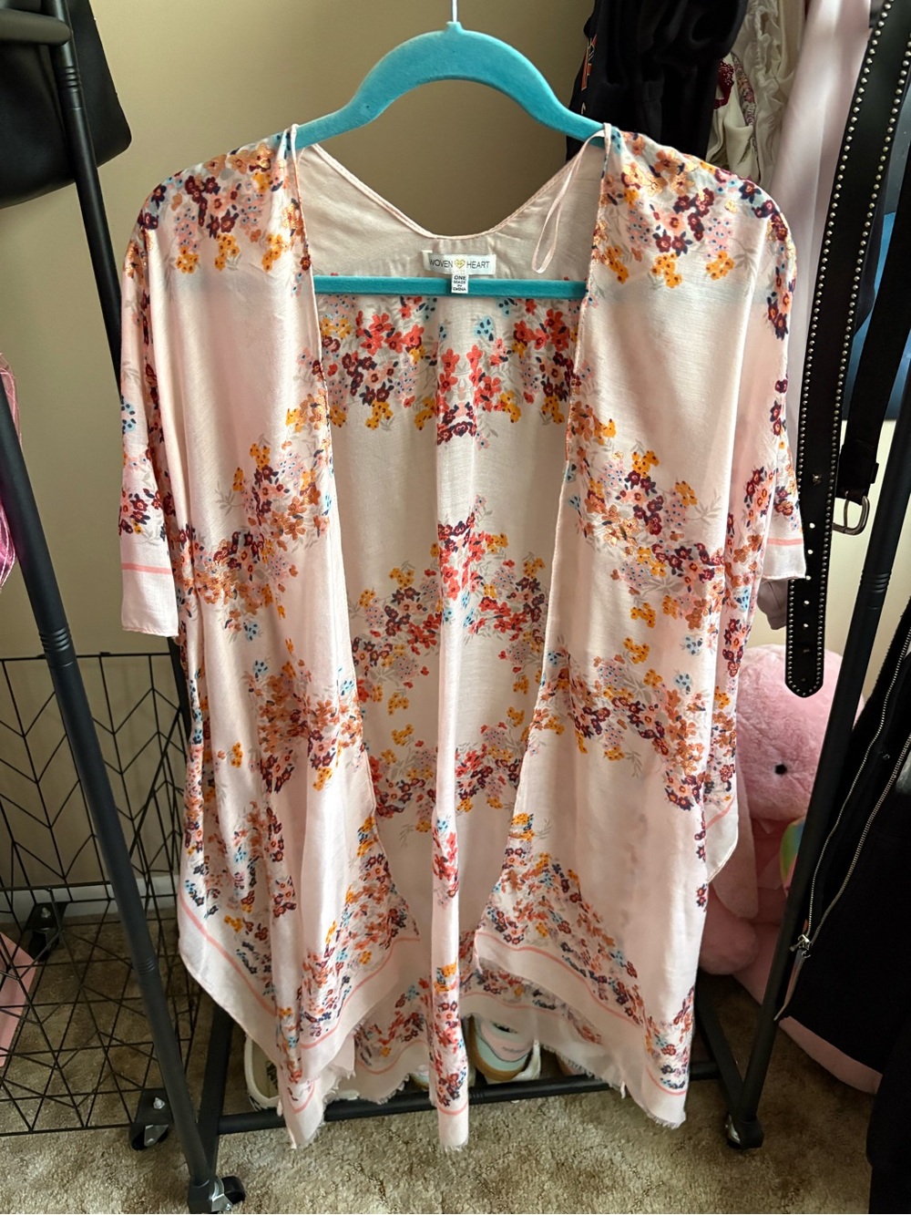 Woven Heart Pink Floral Open Front Kimono